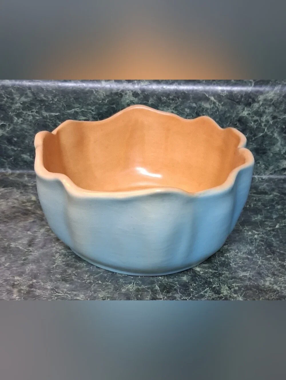 RARE Vintage Roseville Pottery Ruffled Bowl 60-6  Peach, Blue – C:1933